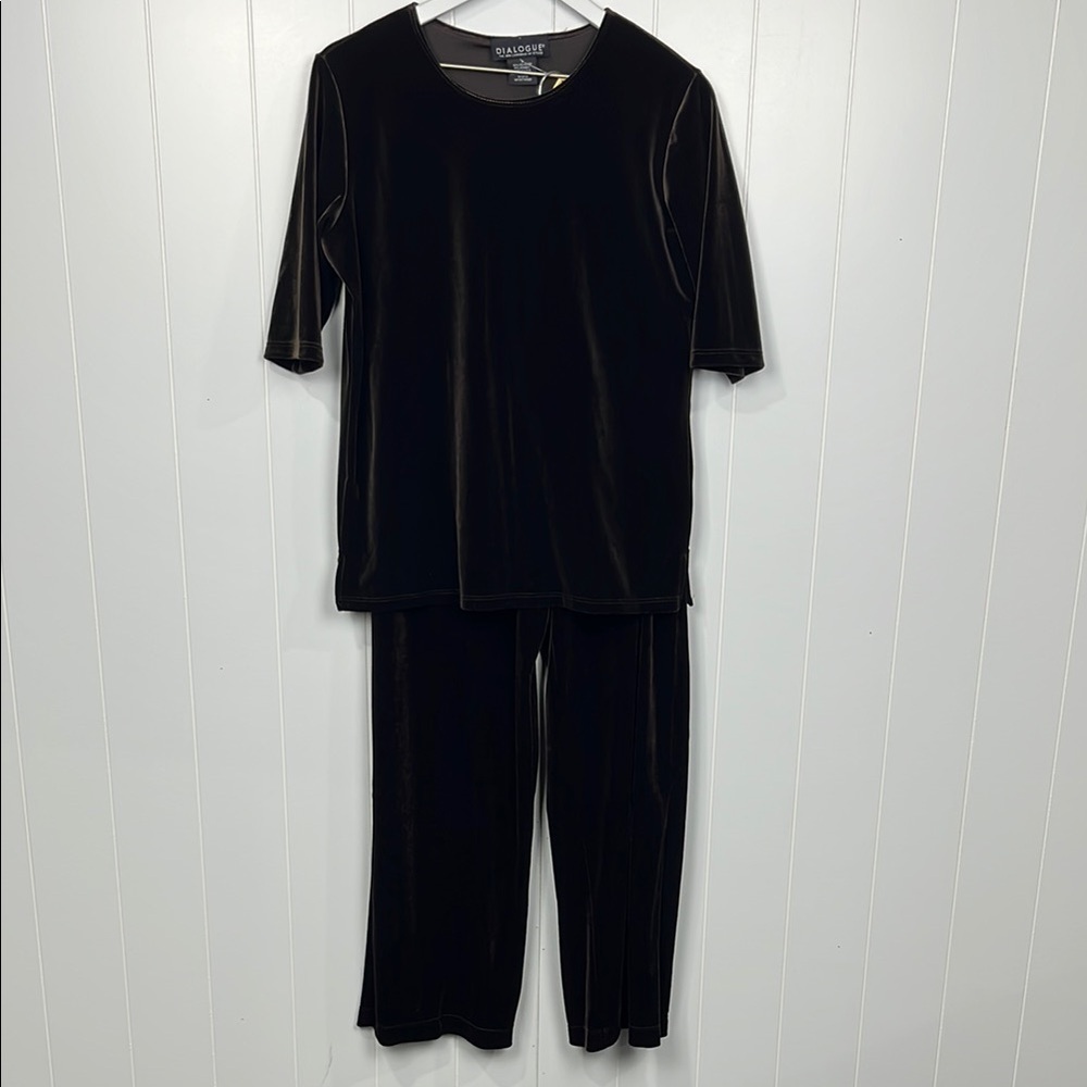 Dialogue QVC Style Womens Pant Set S Dark Brown Pullover Top Pull-Up Pant Velour